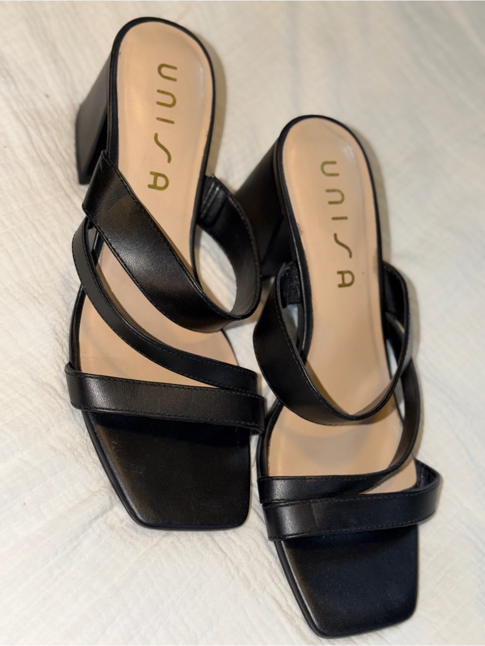 Unisa Black Strappy Square-Toe Block Heel Mules